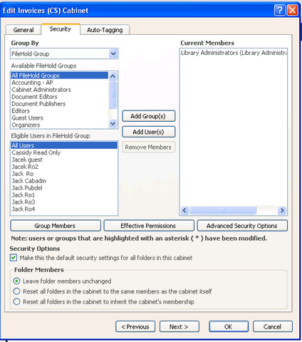 Cabinet security settings
