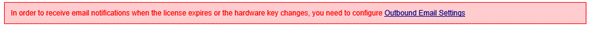 Outbound email settings message on licensing page