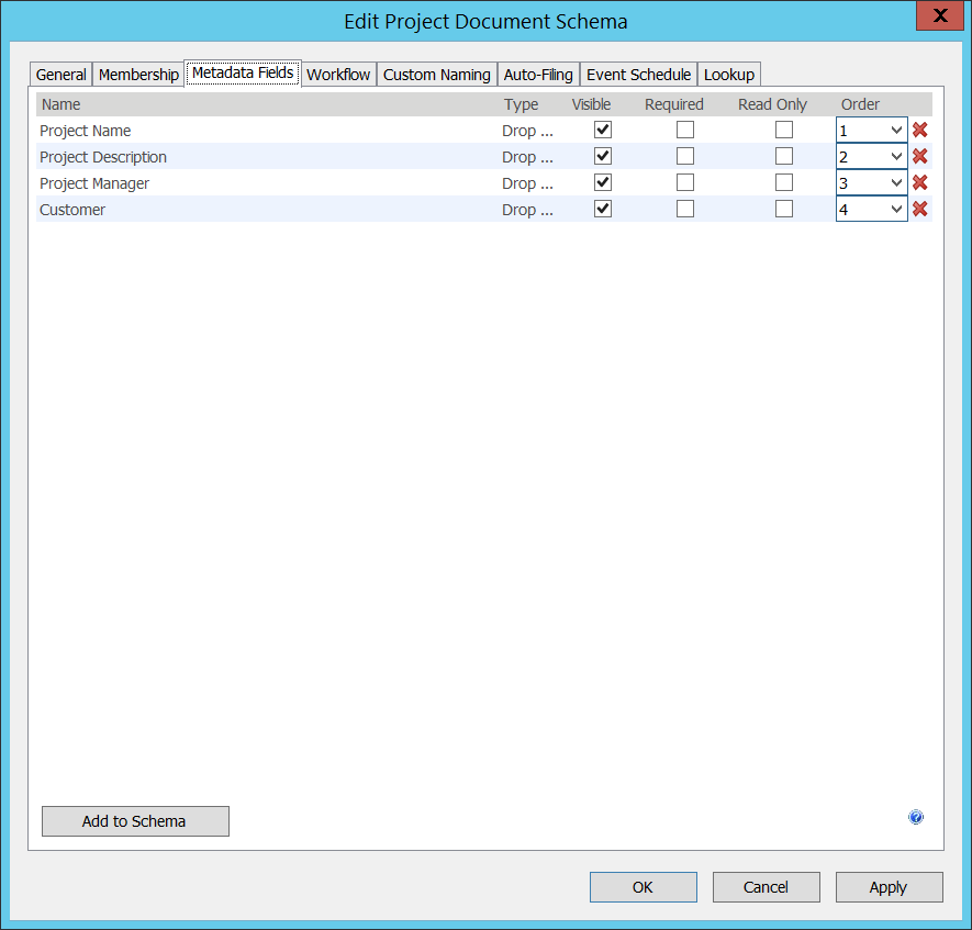 Project document schema metadata fields