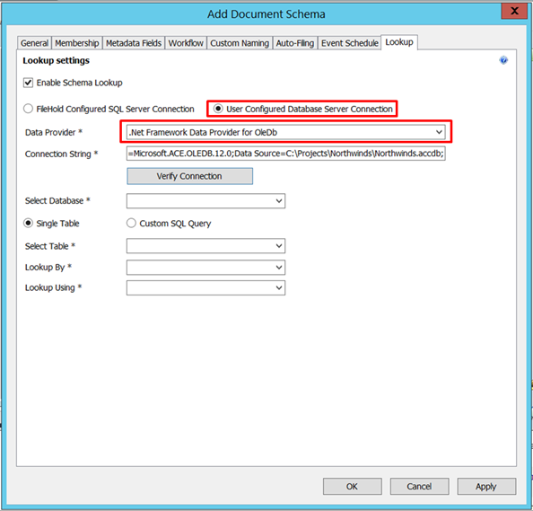 Access db schema lookup settings