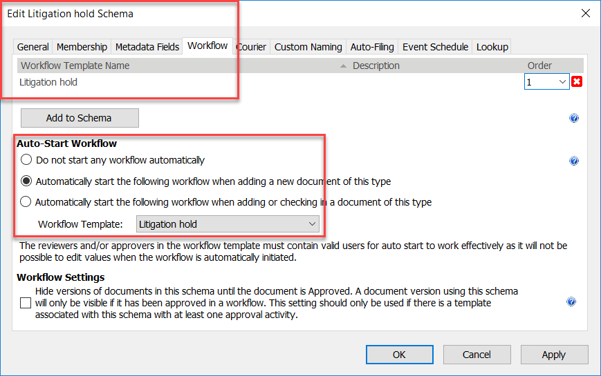 Legal hold schema example settings