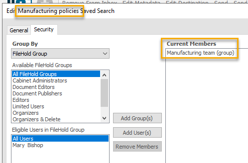 saved search members property dialog
